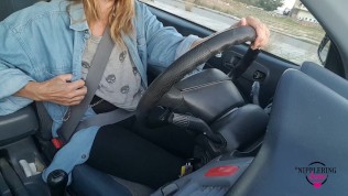 nippleringlover flashing pierced tits with nipple chain while driving big stretched pierced nipples